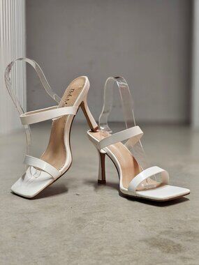 Square Toe White Strappy High Heel Sandals With Double Strap Design For Women
